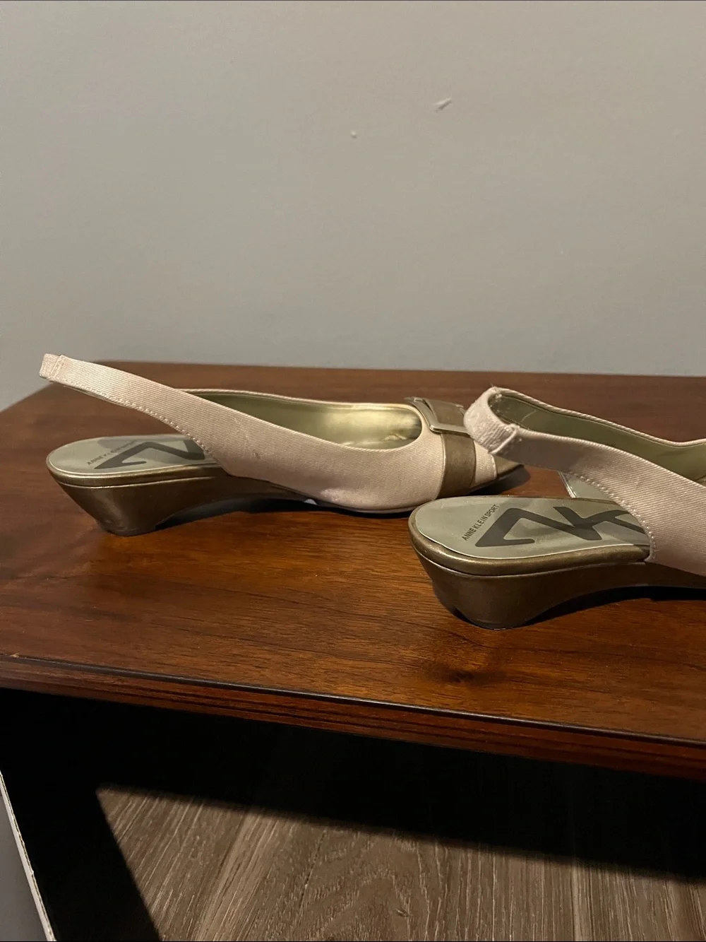Anne Klein Cream and Gold Slingback Peep-Toe Flats